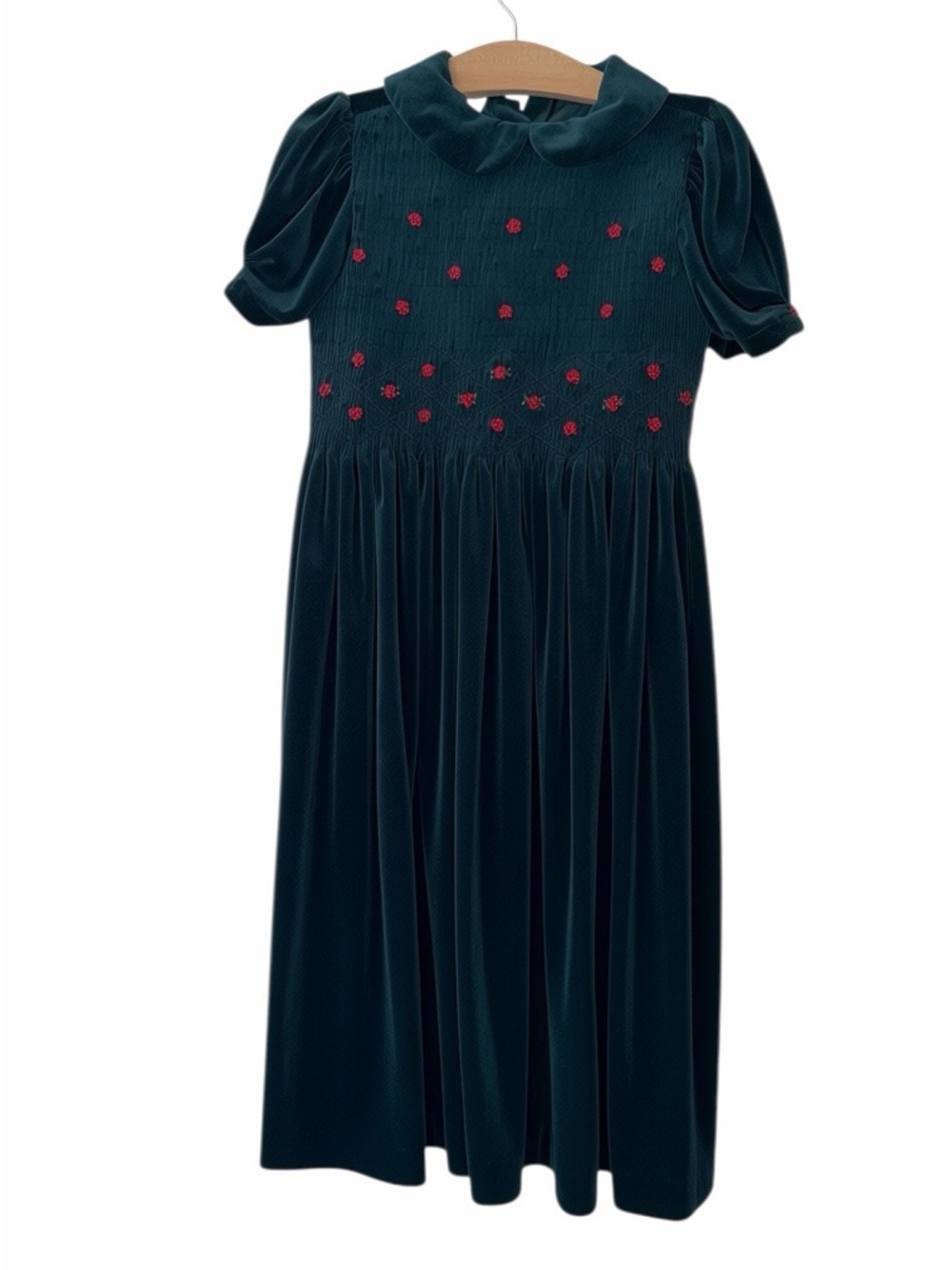 VTG Laura Ashley Green Velvet Dress with Red Floral Smocking sz 7 mother child